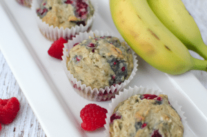 Delicious gluten-free dairy-free banana raspberry muffins