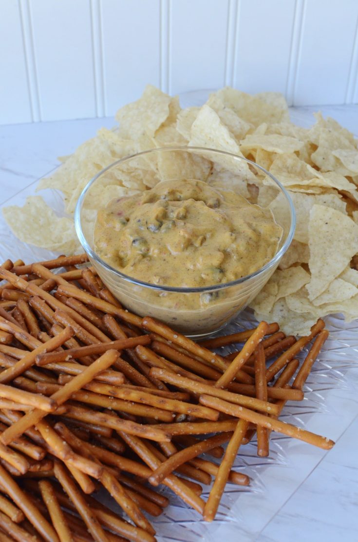 Dairy-Free Chili Cheese Dip with Gluten-Free Pretzels and Chips