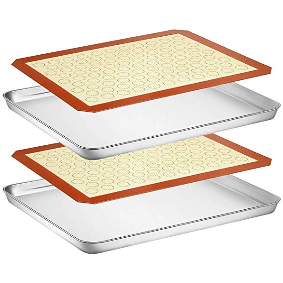 Wildone Baking Sheet with Silicone Mat Set, Set of 4 (2 Sheets + 2 Mats), Wildone Stainless Steel Cookie Sheet Baking Pan with Silicone Mat, Size 16 x 12 x 1 inch, Non Toxic & Heavy Duty & Easy Clean