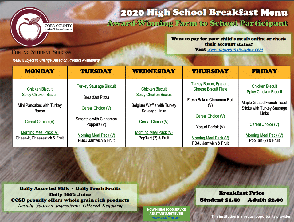 Cobb County School Breakfast menu