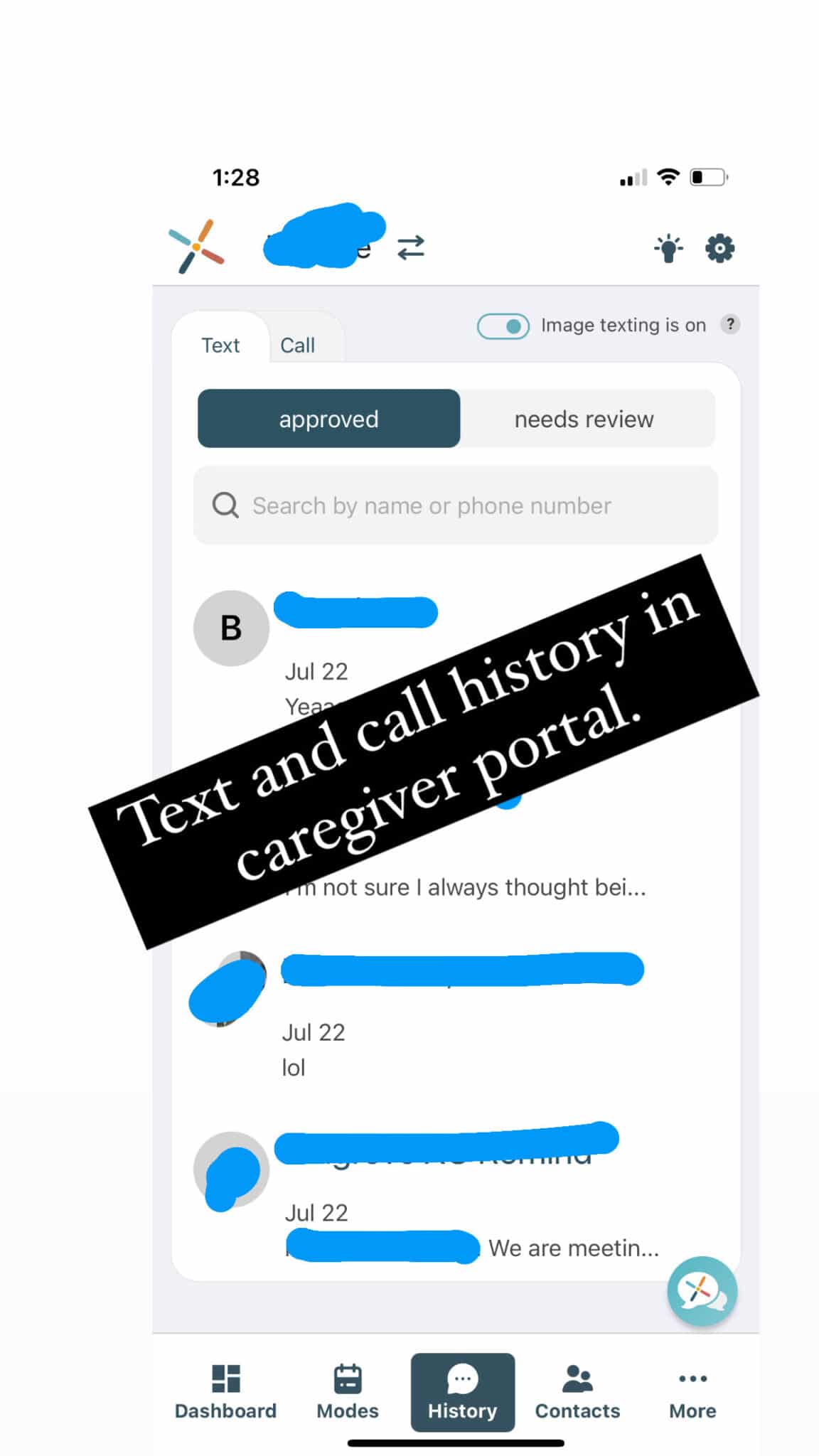 text and call history pinwheel phone stored in caregiver console