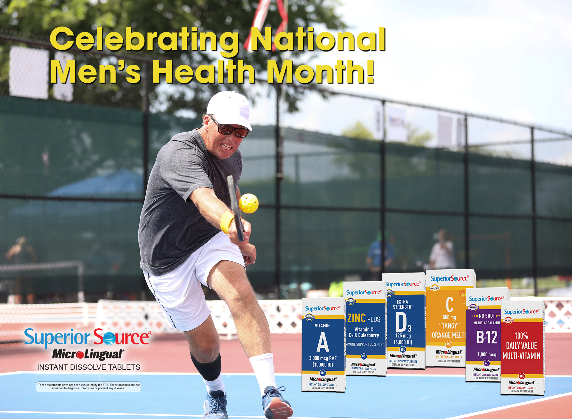 Superior Source Vitamins giveaway for men's health celebration featuring man playing tennis